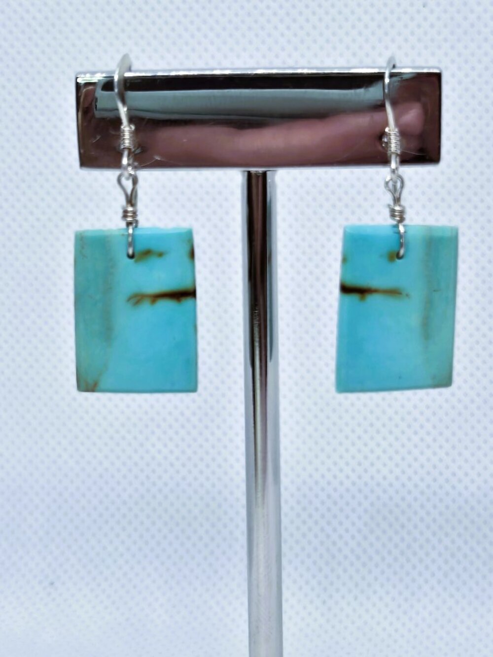 925 Sterling Silver Blue Turquoise Stone Rectangle Drop Earrings